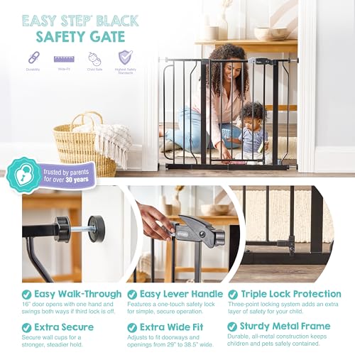 Regalo Safety 29-38.5" Baby Gate for Doorways & Bottom of Stairs, Pressure Mounted Baby Gate with Door for Babies, Toddlers & Pets, Tested & Safe for 30 Years, American Designed, American Owned, Black