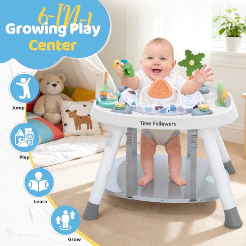 Time Followers® 6-in-1 Baby Activity Center | 4 Stage Montessori-Inspired Toys | Grow Stationary Standing Toddler Table | Jumpers & Bouncers | Must Have for Boy & Girl 6, 12, 24+ Month Old (White)