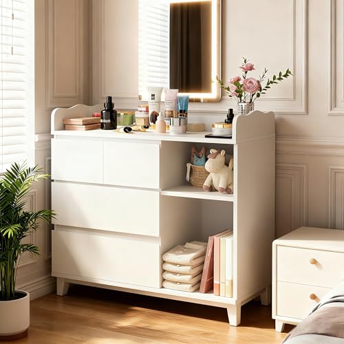 Einhomn Baby Changing Table Top, Multi-Functional Nursery Changing Table, 4 Drawers with 2 Open Shelves, Bedroom, White