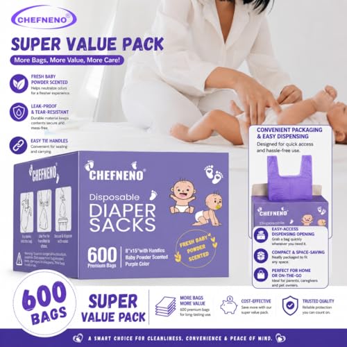 Baby Disposable Diaper Sacks (600 ct.) Fresh Baby Powder Scented, Easy-Tie Diaper Sacks Disposal Bulk Diaper Sacks Dog Poop Bags Cat Litter Waste Bags Sanitary Pads Disposal Bags (600 Bags, Purple)