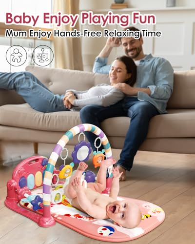 dearlomum Baby Play Mat Gym, Funny Play Piano Tummy Time Activity Mat with 5 Infant Sensory Toys, Music and Lights, Boy & Girl Gifts for Newborns 0 to 3 6 9 12 Months (Pink)