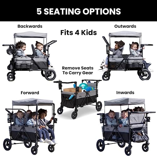 Jeep Wrangler Deluxe 4 Seater Stroller Wagon by Delta Children - Premium Quad Stroller Wagon for 4 Kids with Convertible Seats, Adjustable Push/Pull Handles, Removable Canopy & Flat Fold, Grey