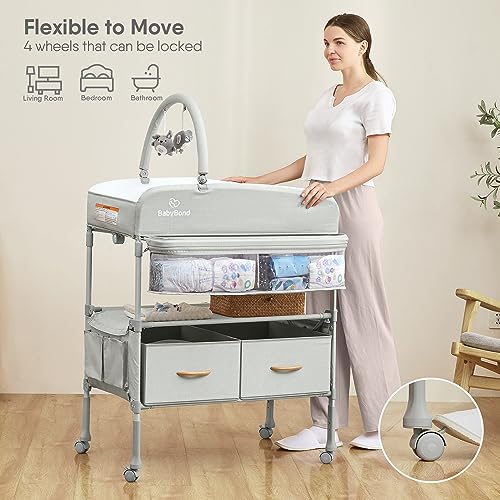 BabyBond Portable Baby Changing Table with 2 Storage Baskets, Foldable Changing Table Dresser Diaper Changing Table Height Adjustable Changing Station for Infant and Newborn(Beige)
