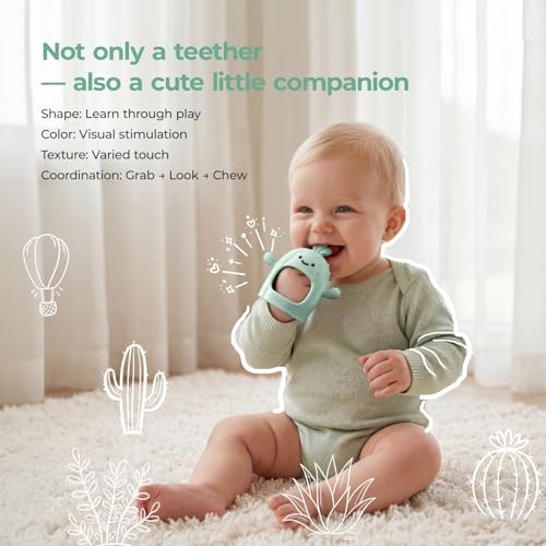Momcozy Baby Teething Toys, Food Grade Silicone Baby Teether，Teething Mitten for Babies 0–6 Months，Teethers for Babies 6–12 Months，Anti Drop Wrist Teether with Multiple Chew Points， Mint Green