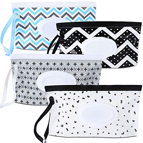 FEBSNOW 4 Pack Baby Wipe Dispenser, Portable Refillable Wipe Holder, Baby Wipes Container, Wipe Dispenser, Reusable Travel Wet Wipe Pouch (Geometric)