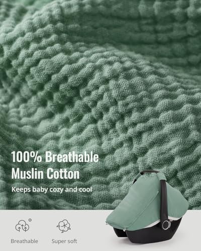 Blissful Diary Baby Car Seat Cover, Extra Large Mesh Window, Breathable Muslin Cotton, Infant Windproof Canopy, Must-Have Baby Gift - Roman Green