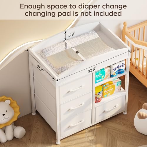 Homeiju Baby Changing Table with 4 Drawers and 2 Shelves - Baby Dresser with Changing Table Top Diaper Changing Station with Storage for Nursery Modern, White