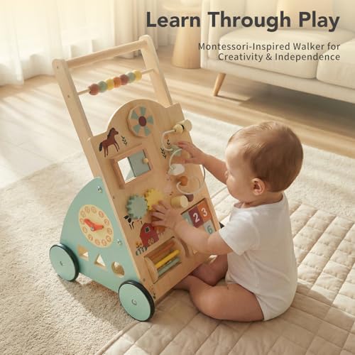 DUMOS Wooden Baby Push Walker, Montessori Activity Toys with Adjustable Speed for 1 Year Old, Silent Rubber Wheels, Wood