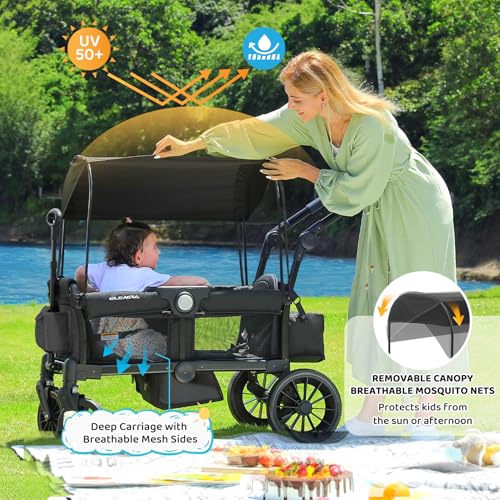ELEMARA Stroller Wagon, 2 Seat Stroller for 2 Kids, Premium All Terrain Stroller for Kids w/Removable Canopy, Adjustable Push/Pull Handle, Large Storage Bag, Black