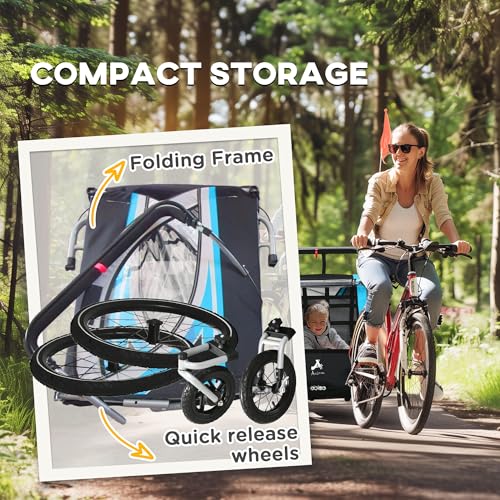 Aosom 3-in-1 Walk/Jog/Ride Child Baby Bike Trailer for Kids 2 Seater, High-Visibility Bike Stroller for Toddler Wagon, Weather-Strong Double Bicycle Trailer Accessory, Blue