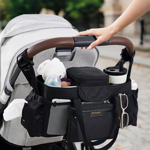Momcozy Extra Large Stroller Organizer Max | with Food Grade Pacifier Teether Bag | 2 Insulated Cup Holder | Silicone Anti-Slip Straps | 3-Way Usage | Detachable Small Pouch | for UPPAbaby/Doona