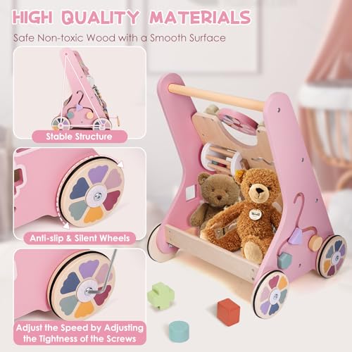 Wooden Baby Walker with Wheels, Adjustable Speed Baby Push Walker, Montessori Walking Toys for Girls Boys, Push and Pull Learning with Baby Activity Center, Christmas Birthday Gifts for Toddler