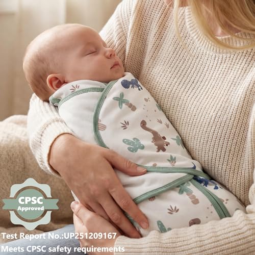 FIEMOL Baby Swaddle Sleep Sack 3-6 Months, Cotton Swaddles for Newborns Boys Girls, 2-Way Zipper Transitional Infant Wearable Swaddling Blanket with Quiet Closure, 0.5 TOG 2 Pack Soft Green Dinosaur