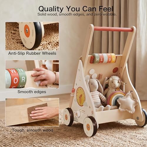 Wooden Baby Walker with Wheels, Baby Push Walker Activity Center for Babies 18 Months+, Montessori Walking Toy for Learning to Walk, Toddler 1st Birthday Gift