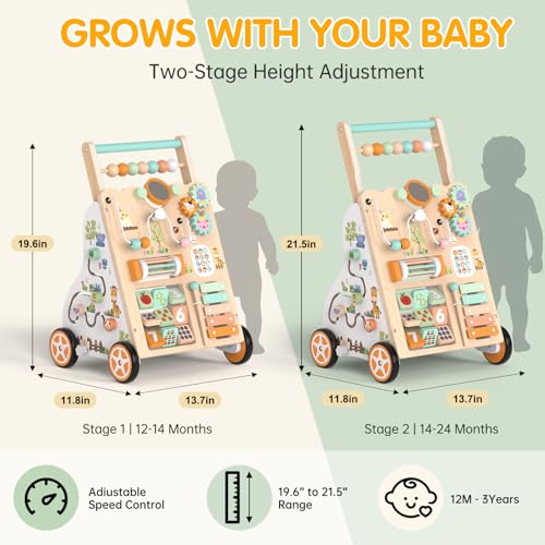 Wooden Baby Walker with Wheels, Push Walker with Baby Activity Center, Montessori Walking Toy for Girls Boys, Adjustable Speed & Height Activity Toy for Toddler Learning to Walk 12+ Months (Natural)