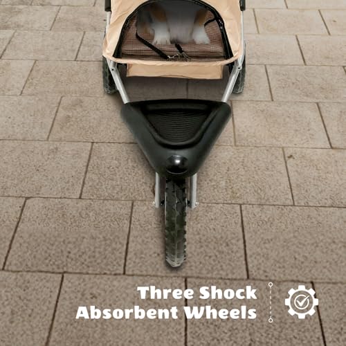 Critter Sitters 3-Wheel Jogging Dog Stroller with Storage Basket and Cup Holders, Modern and Stylish Pet Stroller for Medium to Large Pets up to 55 Pounds, Tan