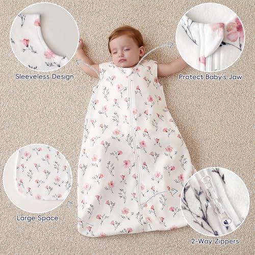PHF 3 Pack Warm Micro-Fleece Baby Sleep Sack 6-12 Months, Soft Baby Wearable Blanket, 2-Way Zipper Sleeping Bags, Comfy Toddler Sleeping Sack for Girls, Medium Size, Floral