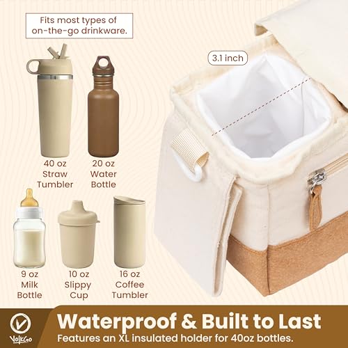 V VOLKGO Stroller Caddy with Cup Holder - Stroller Organizer Bag for Baby Travel Gear, Baby Bottle Organizer & Baby Diaper Caddy | Insulated XL 40oz, Detachable Wristlet, Premium Canvas & Natural Cork
