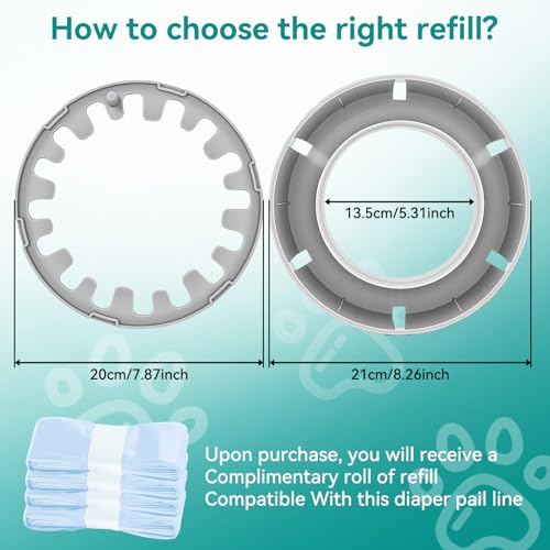 13L Odor Lock Diaper Pail, Baby Diaper Bin with Double Odor Lock & 177 in Refill Bag Roll & Sealed Lid, Compact Nursery Trash Can Portable Diaper Disposal Pail for Baby Room Home Travel (Grey)