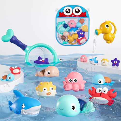 XAWACAH Bath Toy for Toddlers 6-12-18 Months, No-Hole Bathtub Toys with Baby Bath Animals, Wind-Up Turtles, Fishing Net & Storage Bag, Floating Toys for Toddlers 1-3 Year Old Boys Girls (11 Pack)