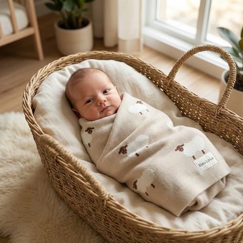 Bleu La La Baby Swaddle Blanket - 100% Luxury Cotton Knit Soft Cozy Lightweight Unisex Receiving Stroller Quilt Blanket for Shower Gift Registry for Newborns Infants Toddlers (Sheep - Khaki)