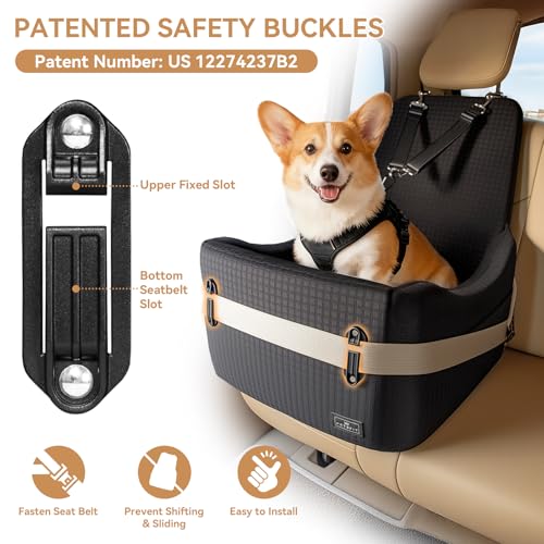 PETSFIT Dog Booster Car Seat for Small/Medium Dogs Up to 35 lbs – Patented Safety System, 5" Memory Foam Pet Car Seat, Fully Detachable and Washable Cover, Front/Back Seat Travel Booster (Black)