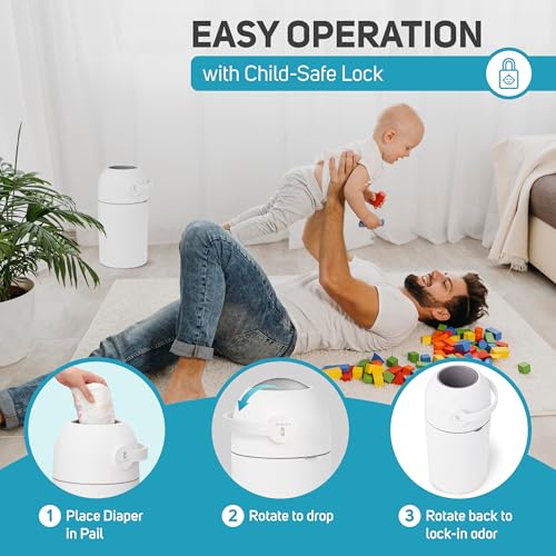 L.A. BABY Magic Diaper Pail - Patented 100% Odor-Free System with Child-Safe Lock - Award-Winning Design - No Refills Required - Works with Regular Trash Bags - White