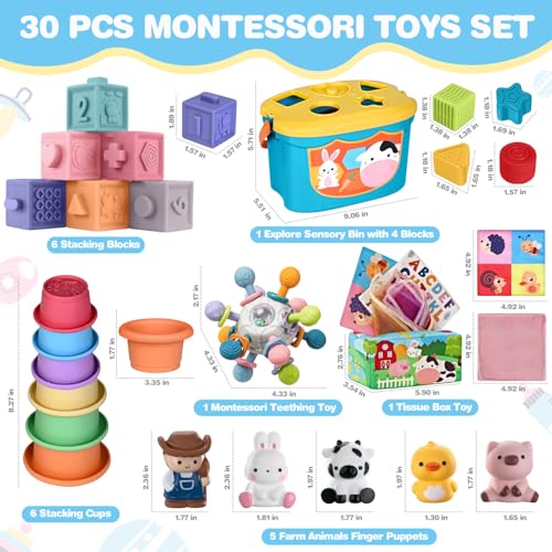 Baby Toys 6-12 Months, 6 in 1 Montessori Toys for 1 Year Old, Soft Infant Sensory Teething Toy, Stacking Cups & Blocks, Shape Sorter Blocks, Finger Puppets, Tissue Box Toy for Toddler 0-3-6-9-12 M+