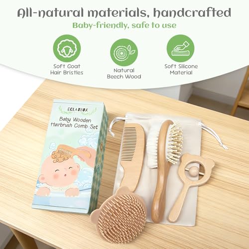 Baby Hair Bush and Comb Set, 5 Pack Wooden Baby Brush with Soft Goat Bristle for Newborns and Toddlers, Perfect for Cradle Cap, Baby Registry Gift, Infant Essentials Care Kit
