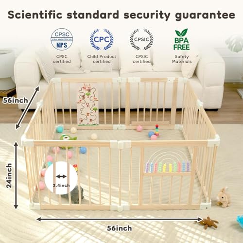 Ulnxiy Wooden Baby Playpen with Montessori Toys, 8-Panel Foldable Wood Play Yard for Toddlers, 56"x56" Large Baby Fence with Safety Lock, CPC Certified Natural Pine Wood Activity Center