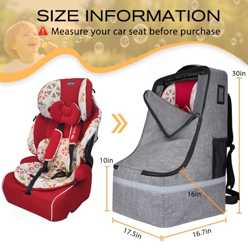 LARIPOP Car Seat Travel Bag for Airplane, Universal Gate Check Car Seat Bag, Padded Backpack with Waist Belt, Reflective Strips & Protective Feet, Fits Infant Convertible Booster Seats, Grey
