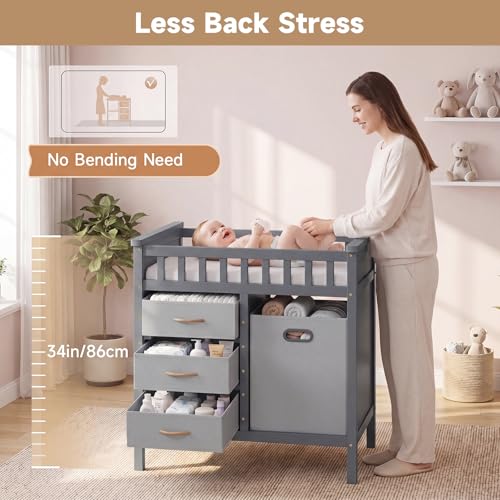 INFANS Wooden Baby Changing Table with Comfy Changing Pad, 3 Fabric Drawers, Laundry Hamper, Safety Belt, Diaper Station Dresser for Nursery Infant (Light Gray)