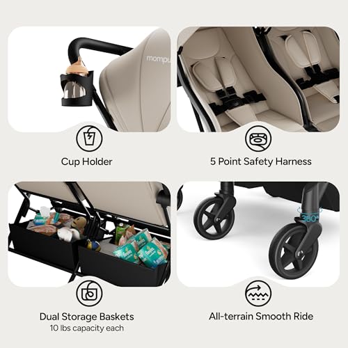 Mompush Lithe Double Stroller for Infant and Toddler, Lightweight Side by Side Twin Stroller, Only 25 lbs, 30-Inch Slim Fit Through Doorways, One-Step Fold, Independent Recline, UPF 50+ Canopy