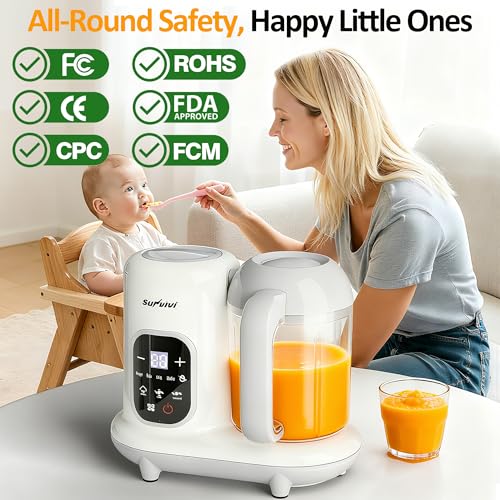 SUNVIVIPRO All-in-one Baby Food Maker: Baby Food Processor Blender Combo with Self Clean & LCD Display, Baby Food Puree Maker with Steam, Heating & Stirring, White Steamer Container Grinder