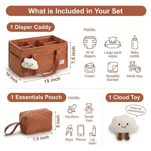 PeraBella Baby Diaper Caddy Organizer, Baby Basket Shower Gift, Portable Changing Table Basket, Postpartum Caddy & Tote Bag Pouch, Newborn Boy & Girl Nursery Essentials Registry, Car Diaper Organizer