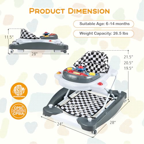BABY JOY 6-in-1 Baby Walker, Foldable Baby Walker with Wheels, Adjustable Height, Music, Lights, Bouncer & Rocker Mode, Baby Walkers for Boys Girls 6-14 Months (Gray)