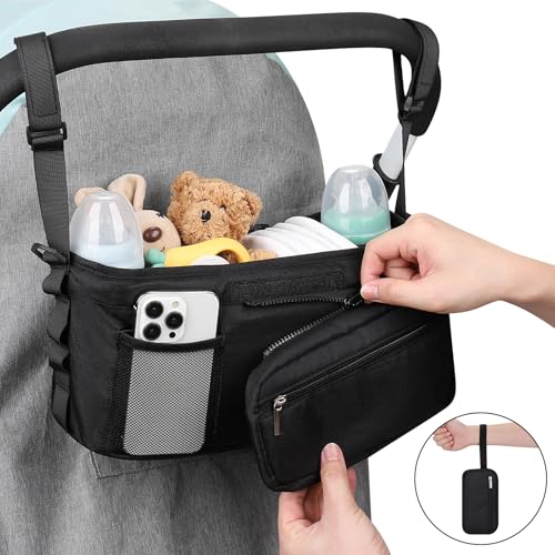 Accmor Universal Stroller Organizer, Stroller Caddy Bag with Cup Holder Detachable Phone Bag and Shoulder Strap, Stroller Organizer for Uppababy, Baby Jogger, Britax Strollers Accessories