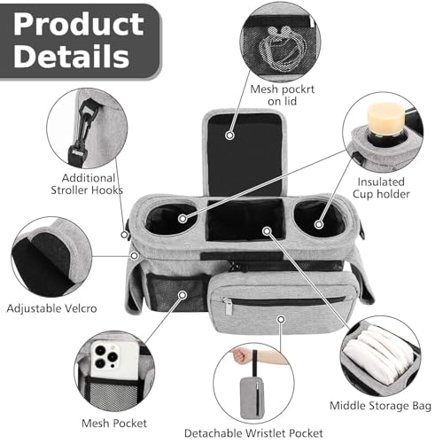 HFLYJPYW Universal Stroller Organizer with Insulated Cup Holder Detachable Phone Bag and Carry Strap Fits Uppababy, Baby Jogger, Britax, BOB, Umbrella and Pet Stroller and more (Light gray)