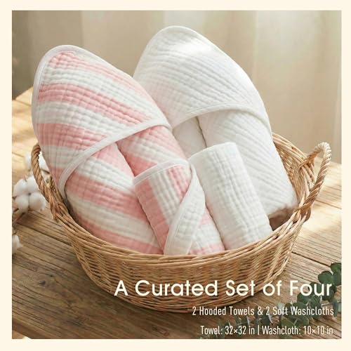 HardNok Muslin Hooded Baby Towel 4 Pack, 100% Organic Premium Cotton, (2) 6-Layer 32x32 Bath Towels & (2) Washcloths, Soft Newborn & Infant Gift Set (Pink Stripe & White)