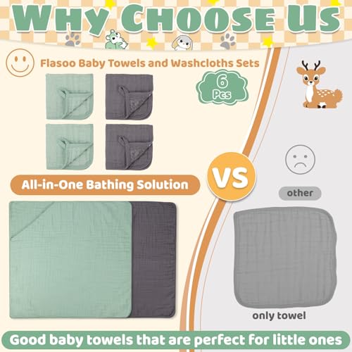 Flasoo 6 Pcs Muslin Hooded Baby Bath Towels Sets - 2 Pack 100% Cotton Baby Towel & 4 Pack Muslin Washclothes- 32x32Inch Baby Towels Cotton for Babies, Infants, Toddlers, 100% Cotton, Bath Essentials