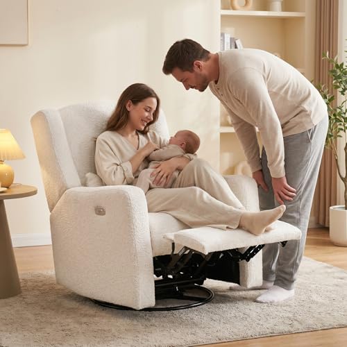 Madaha Power Recliner Chair Swivel Gilder Rocking Chairs Skin-Friendly Power Recliner Nursery Chair for Adults with Waist Pillow, USB Charging (Beige, Only Recliner Chair)