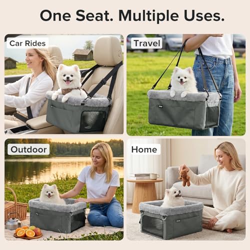 JOEJOY Deluxe Dog Booster Seat with Sturdy Metal Frame and Safety Leash for Small Pets up to 20 lbs - Portable Puppy Dog Car Seat with Thick Cushion and Storage Pockets for Small Dogs