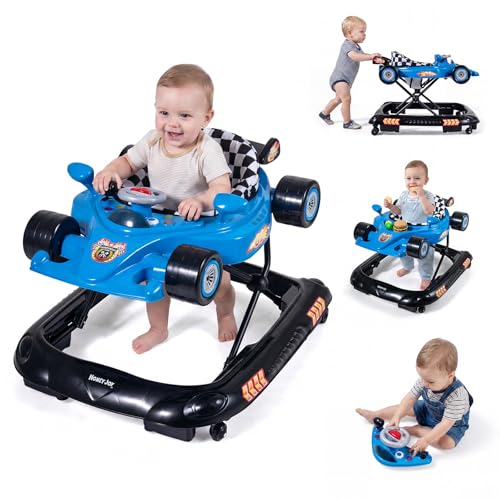 BABY JOY 4-in-1 Baby Walker, Foldable Activity Walker with Adjustable Height, Music & Lights, Anti-Rollover, Toddler Push Walker, Baby Walker with Wheels for Boys Girls 6-14 Months (Blue)