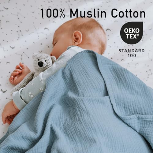 Muslin Swaddle Blankets for Newborn, 3-Pack Cotton Receiving Blankets, Large 40 x 38 inches, Baby Blankets for Boys and Girls, Wrap Burp Cloths, Registry Essentials, Shower Gifts, Elephant & Blue