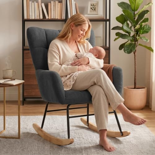 Skandiquip Nursery Rocking Chair, Rocking Chairs for Nursery, Baby Rocker Chair, Glider Rocker, Anti-Tip Safety Design, 440 Lb Weight Capacity, Cotton Fabric Cover, Grey