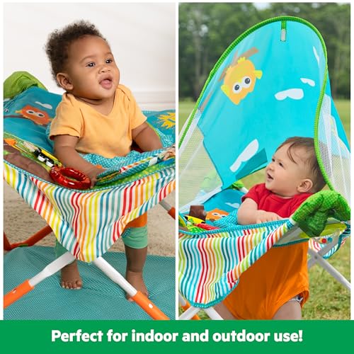 Bright Starts Pop 'N Jump Portable Baby Jumper, Foldable Indoor/Outdoor Baby Jumper with Owl Forest Sensory Activities, Ages 6–12 Months