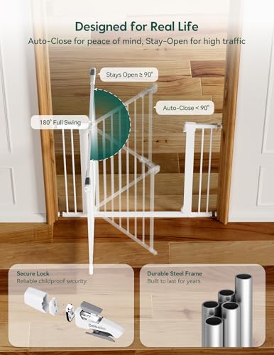 BABELIO Safety Gate Door Fits for Stairs, Narrow and Wide Doorways with Auto Close, Easy Install, No Drilling, Pressure Mounted for Baby, Child, Pets, Dog/Puppy, 26''-40'', White