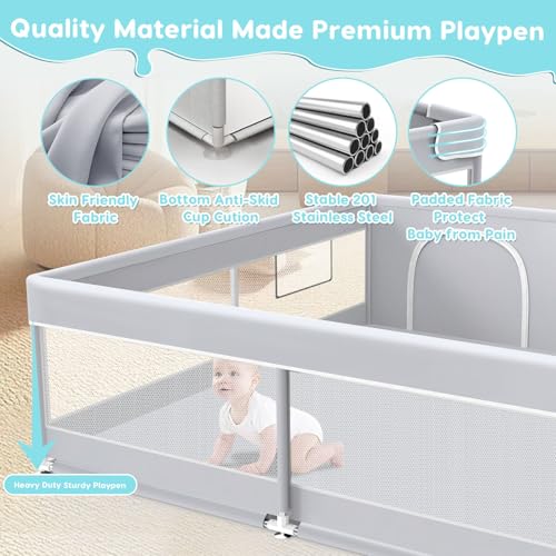 Fshibila Baby Playpen, 50x50 Inch Baby Playard for Babies and Toddlers, Play Pens for Indoor & Outdoor, Sturdy Safety Play Yard with Soft Breathable Mesh, Anti-Fall, Grey