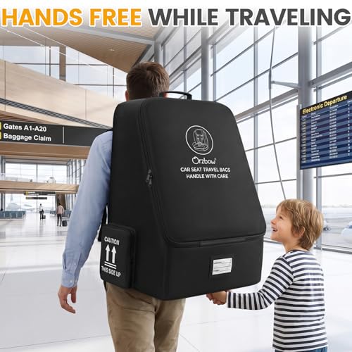 Orzbow Padded Car Seat Travel Bag for Airplane, Carseat Backpack Bags with Side Pocket, Car Seat Carrier with Shoulder & Waist Strap for Airport Gate Check, Universal Fit Carseat & Booster Seat, Black