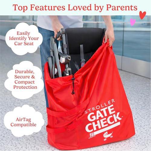 J.L. Childress Gate Check Bag for Single & Some Double Strollers - Travel Bag for Airplane, Fits Most Standard Baby Strollers, Airport Accessories for Gate Check, Flying Essentials - Red